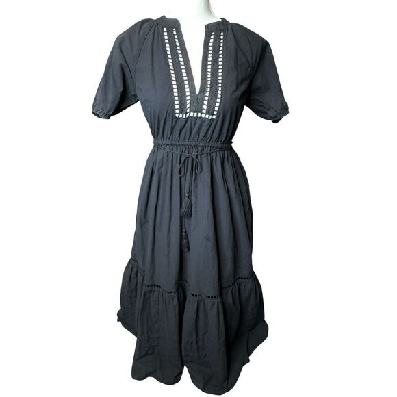 Madewell Black Poplin Tired Maxi Dress Embroidered Puff Sleeve Sz XXS - Picture 1 of 8